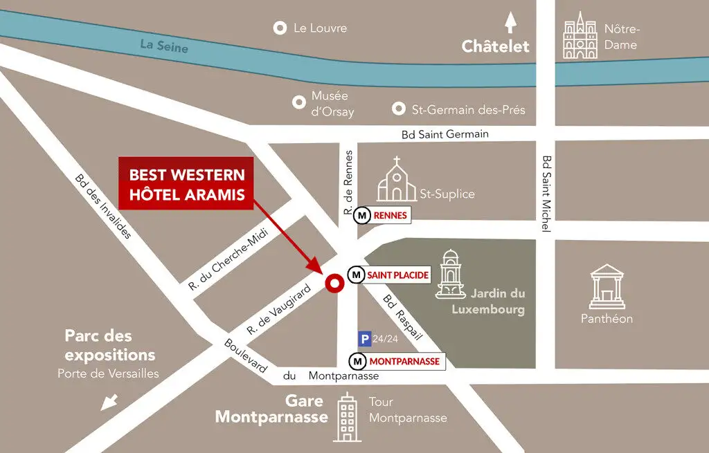 Plan montrant l'hôtel Aramis à Paris.