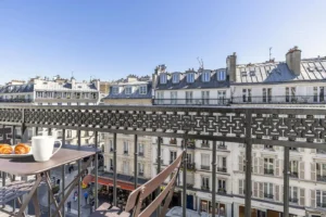 Vue sur les toits de Paris depuis un balcon.