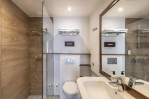 Salle de bains moderne avec douche et lavabo.