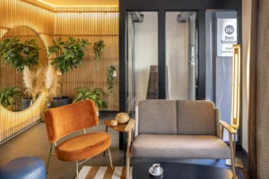 Salon moderne avec plantes et meubles colorés